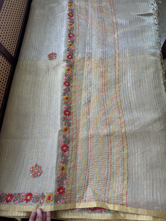 French knots Tissue Linen - Golden Silver