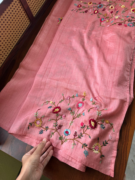 Premium Tussar Blend Saree with Handwork (Heavy Blouse)- Peach Pink