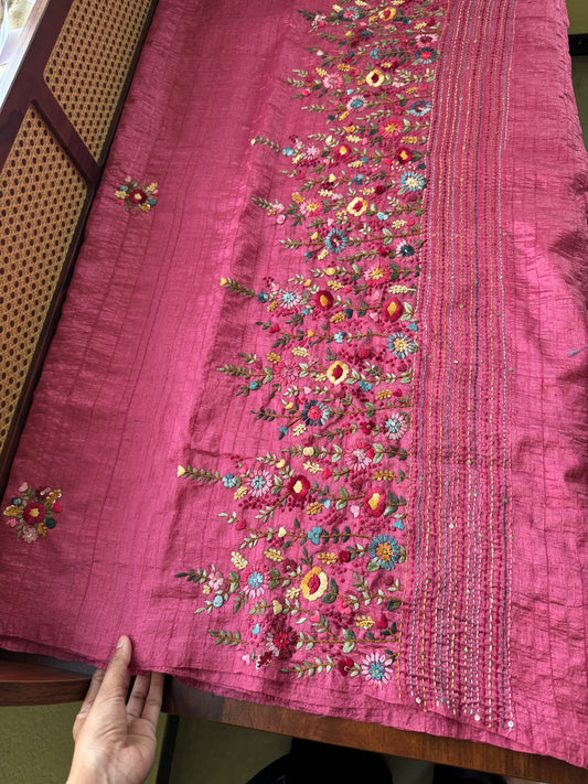Premium Tussar Blend Saree with Handwork (Heavy Blouse)- Pink