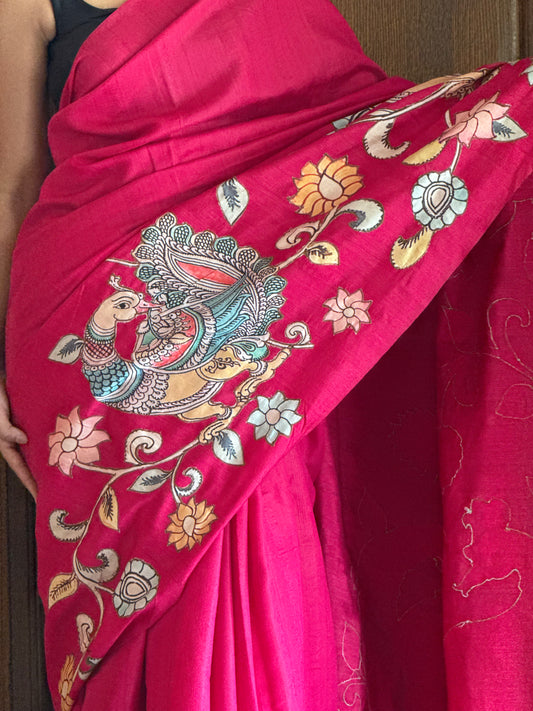 Semi Tussar Kalamkari Applique Sarees - Pink