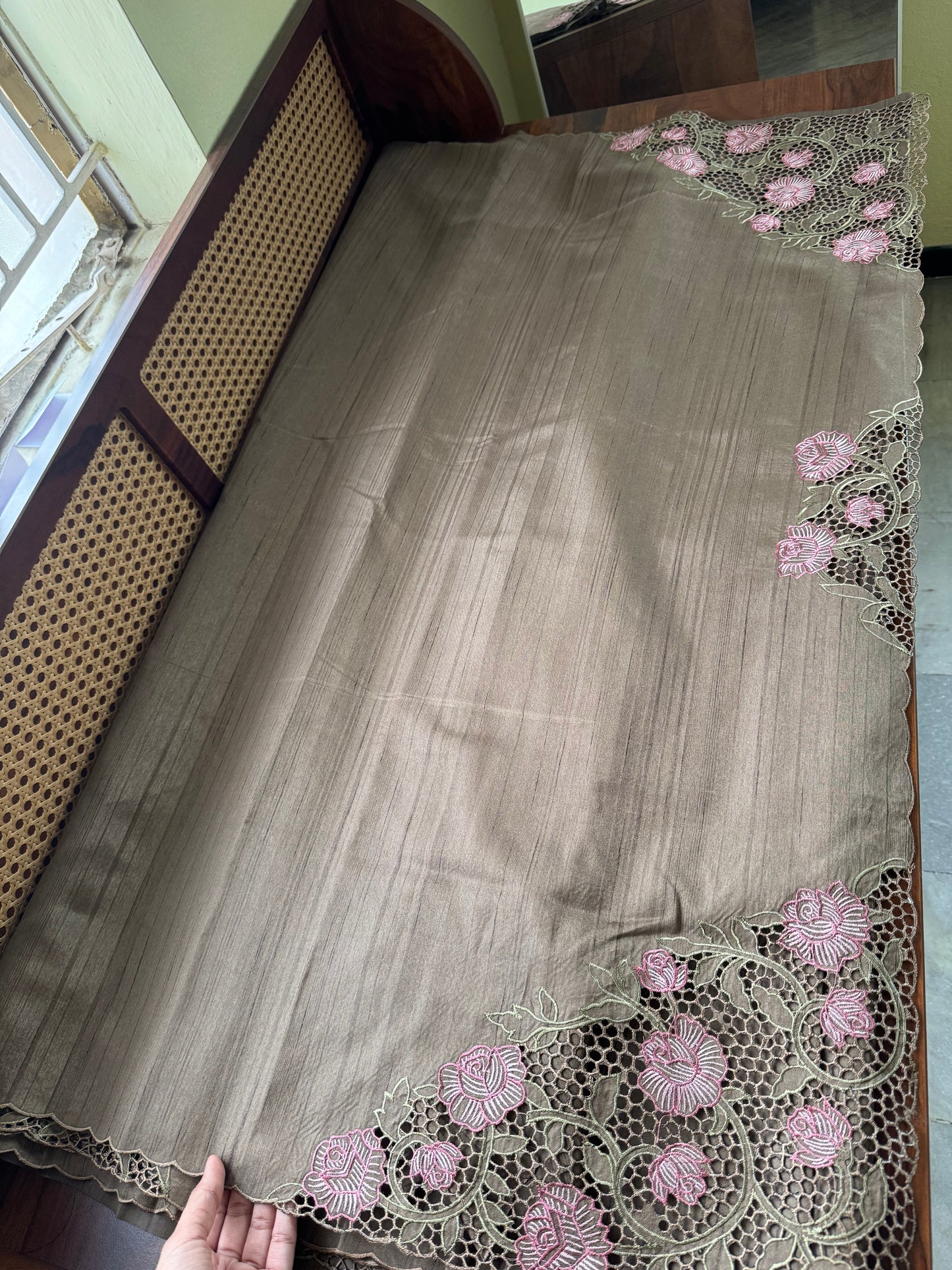 Cutwork Tussar Blend Saree - Earthy Grey