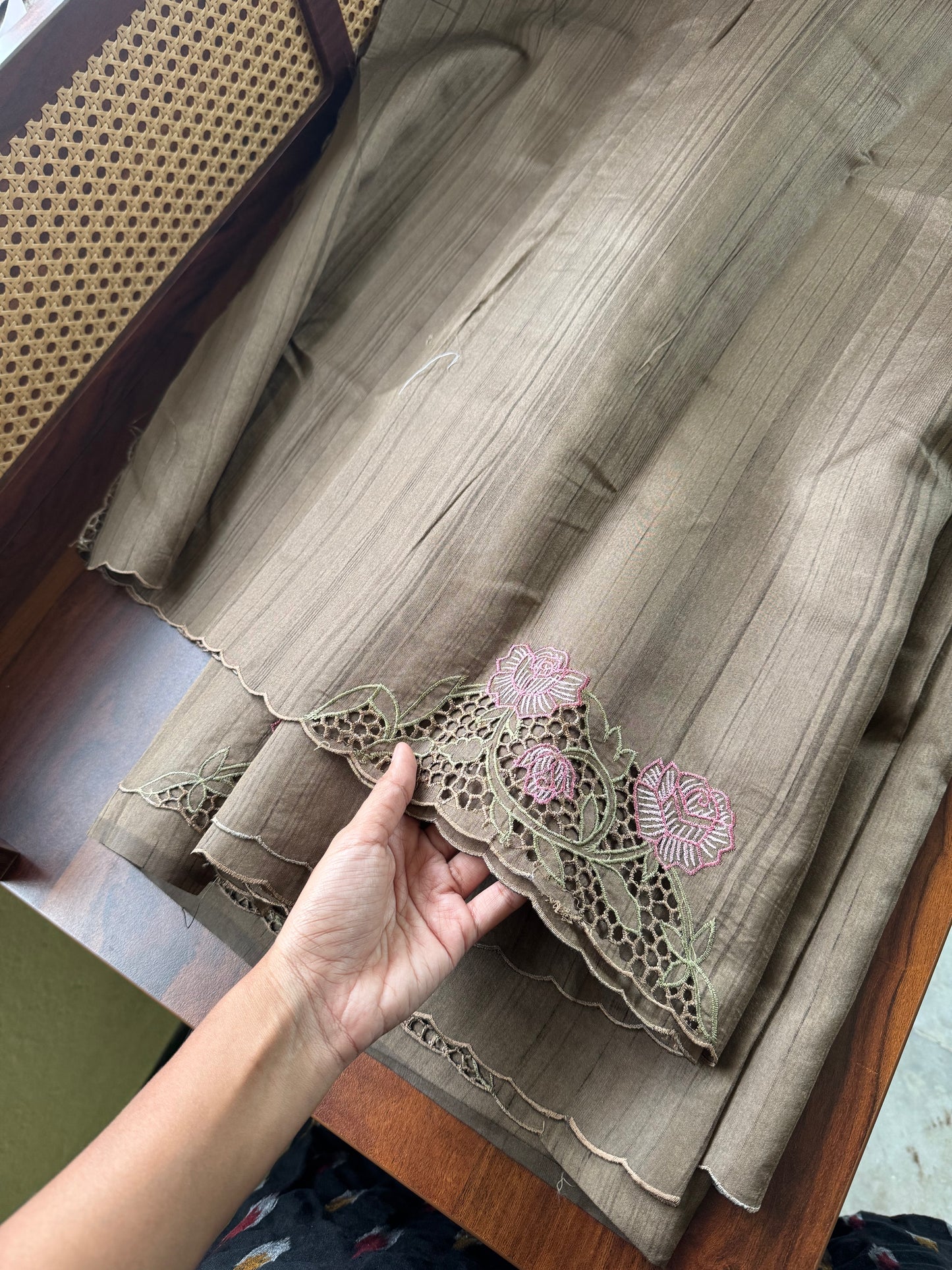 Cutwork Tussar Blend Saree - Earthy Grey