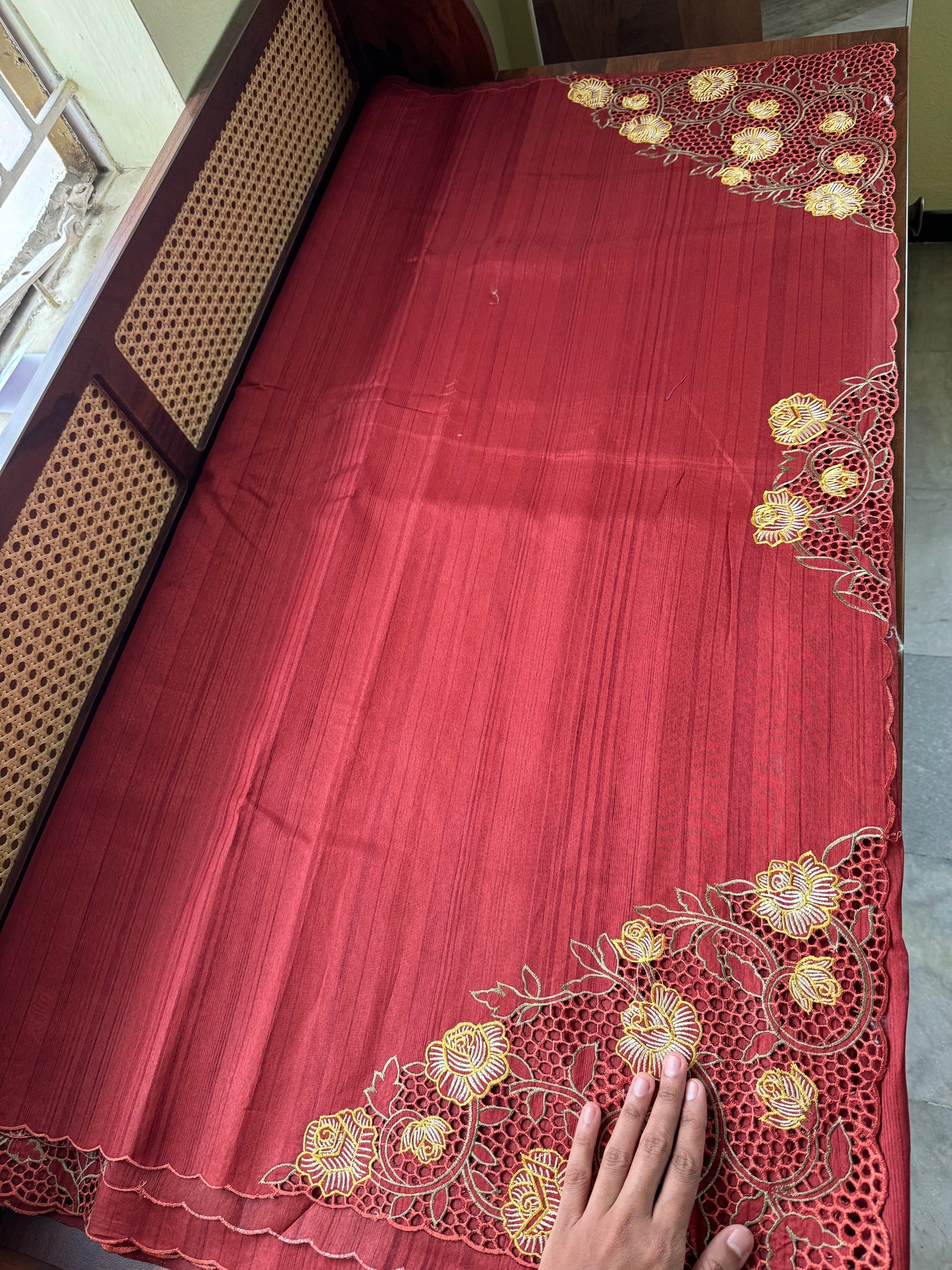 Cutwork Tussar Blend Saree - Rustic Red