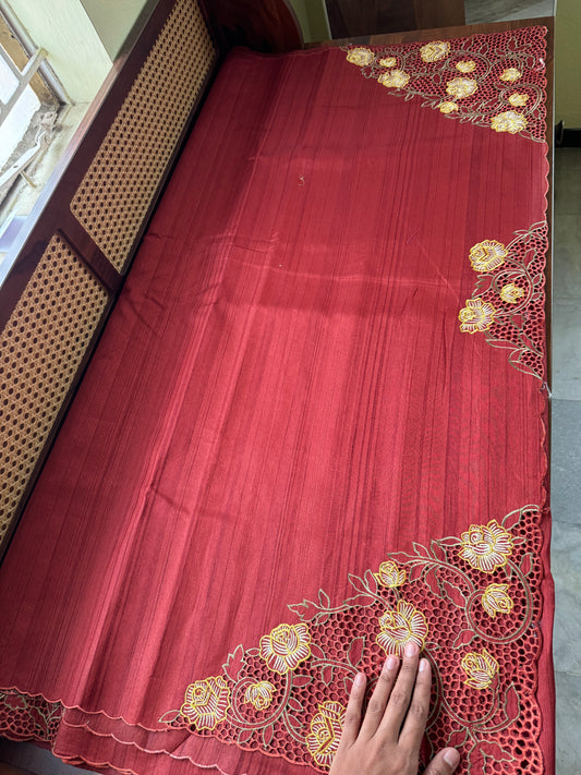 Cutwork Tussar Blend Saree - Rustic Red