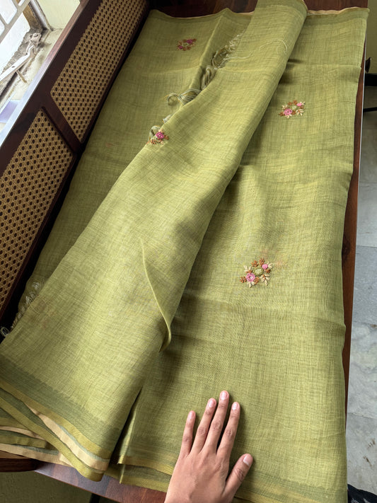 Premium Tissue Linen Sarees with heavy blouse - Green