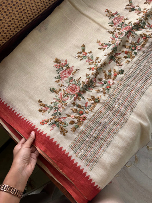 Premium Tissue Linen Sarees - Half White & Rustic Orange