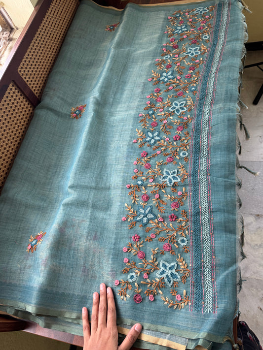 Premium Tissue Linen Sarees with heavy blouse - Blue