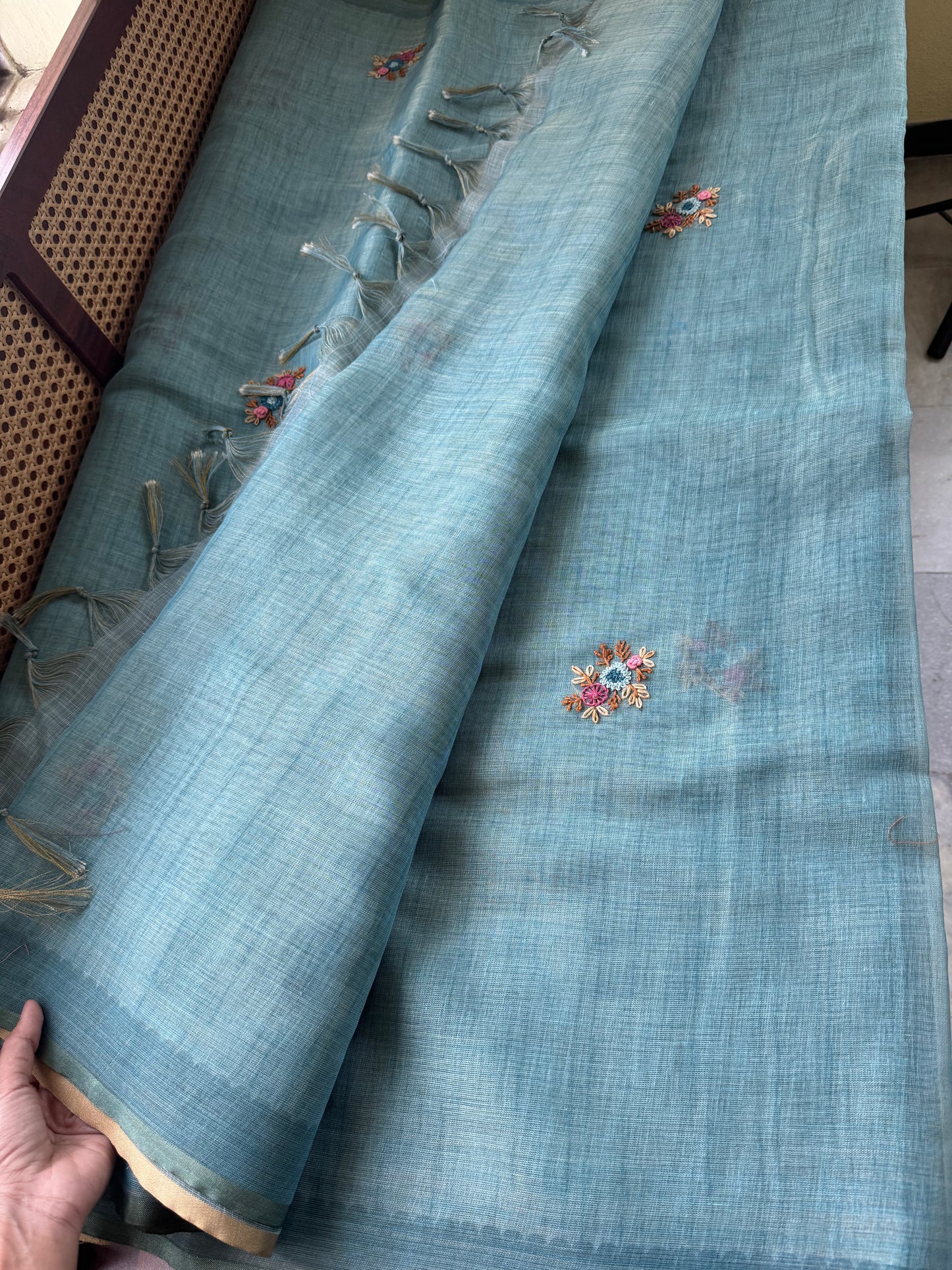 Premium Tissue Linen Sarees with heavy blouse - Blue