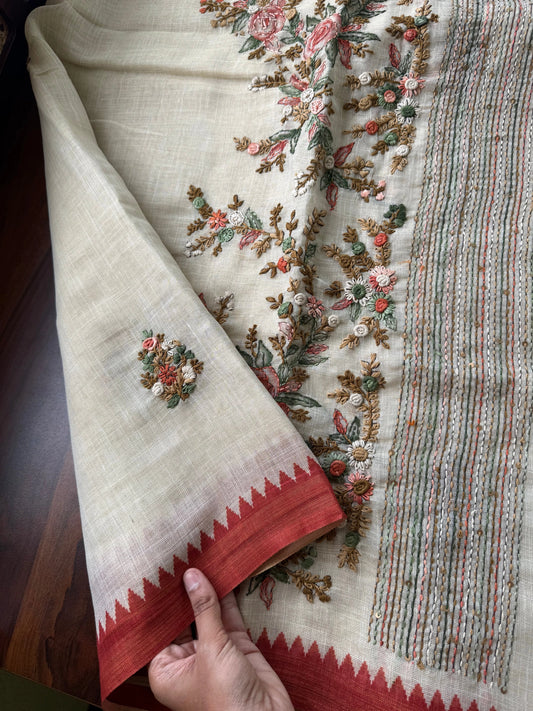 Premium Tissue Linen Sarees - Half White & Rustic Orange