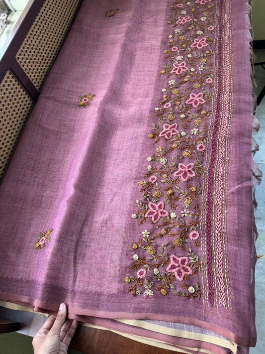 Premium Tissue Linen Sarees with heavy blouse - Pink