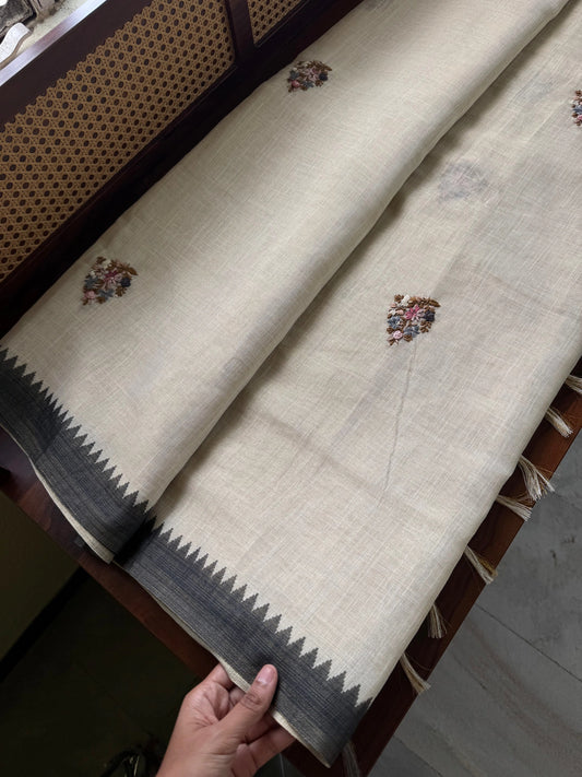 Premium Tissue Linen Sarees - Half White and Black