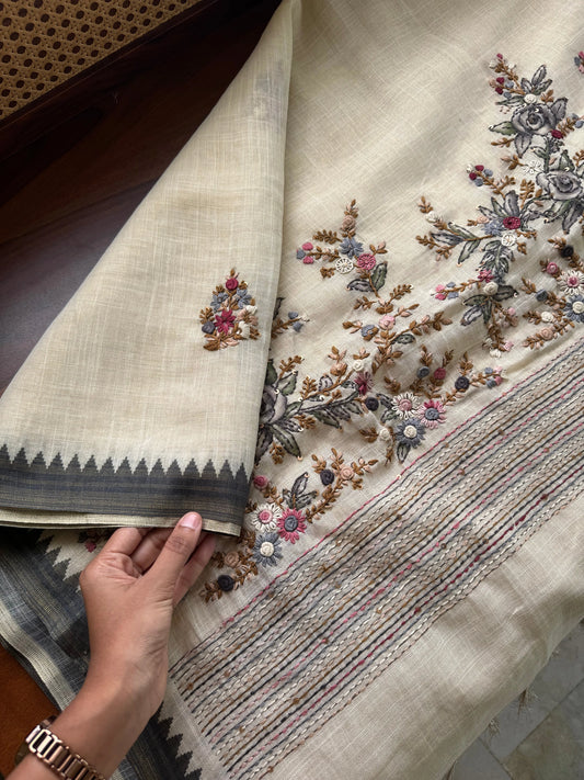 Premium Tissue Linen Sarees - Half White and Black