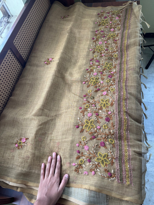 Premium Tissue Linen Sarees with heavy blouse - Henna Green