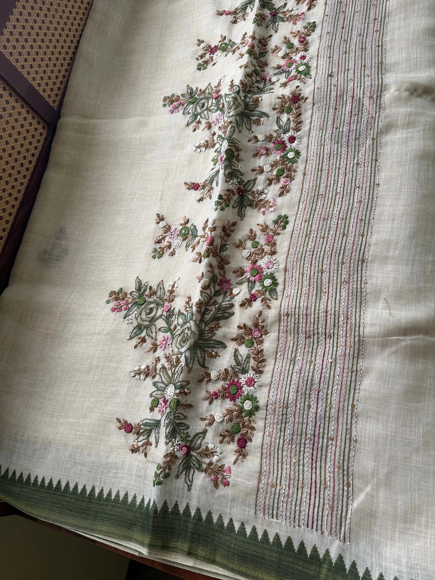 Premium Tissue Linen Sarees - Half White & Green
