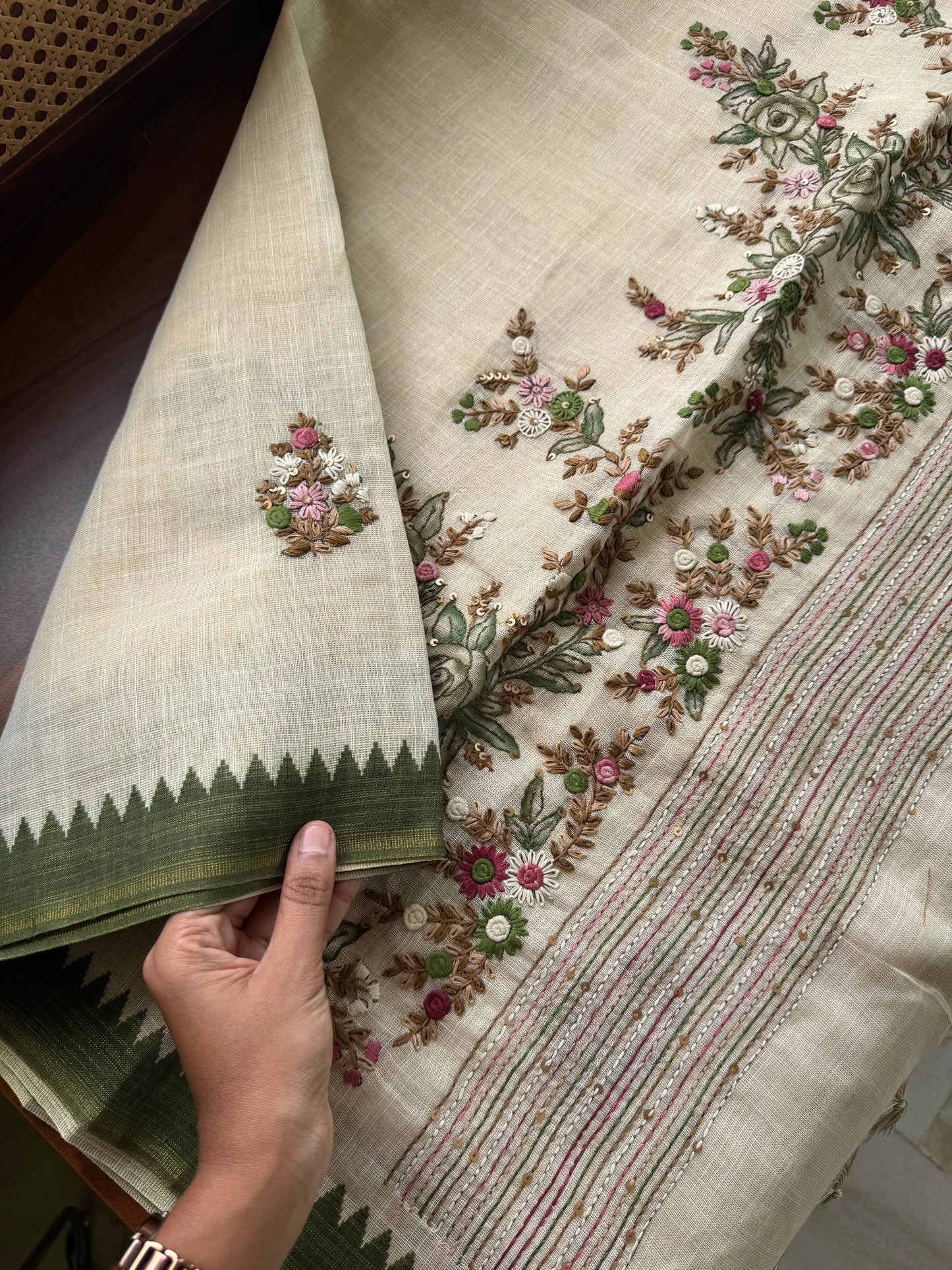Premium Tissue Linen Sarees - Half White & Green