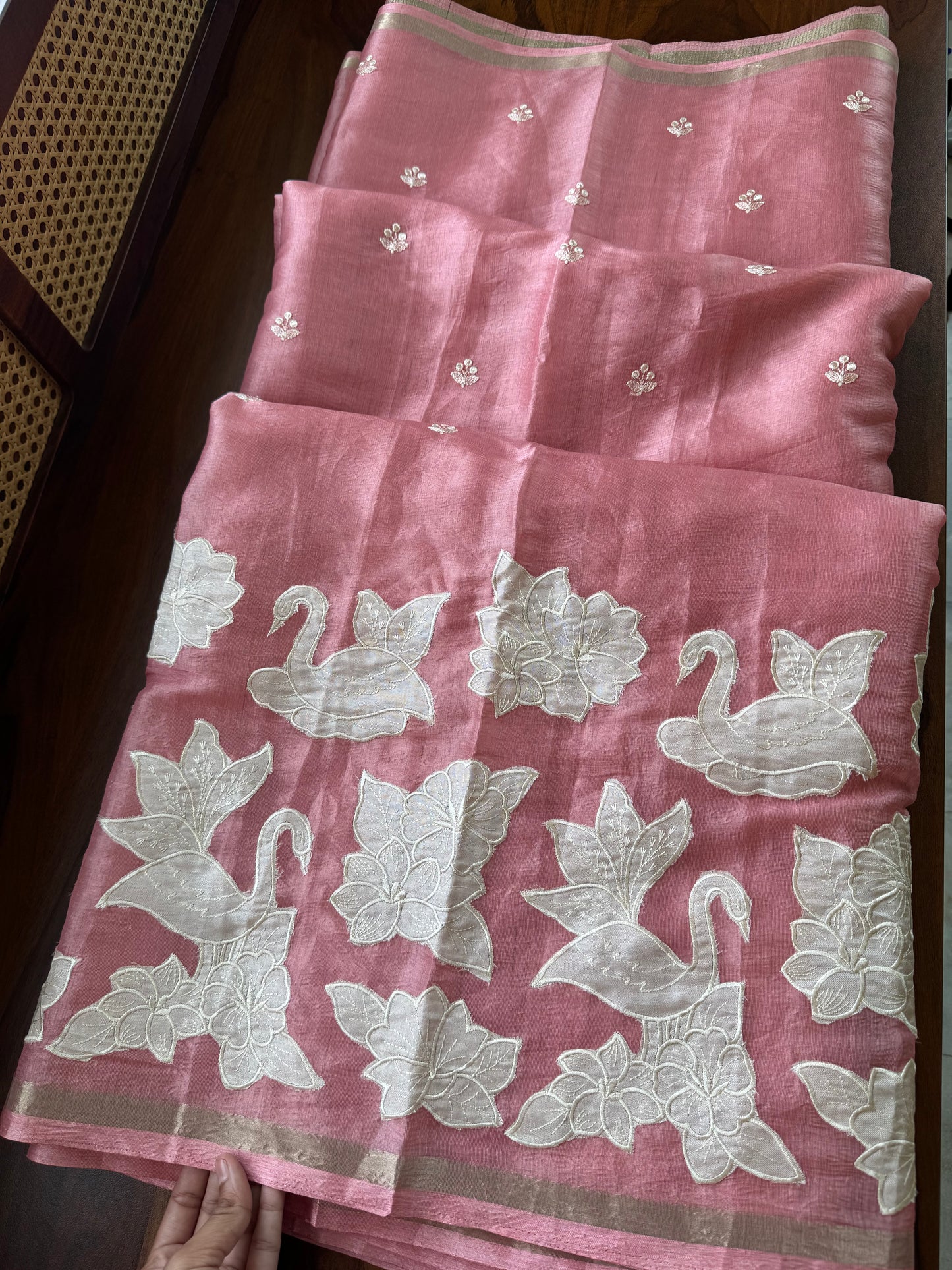 Mul Chanderi Tissue Saree with appliqué - Peach