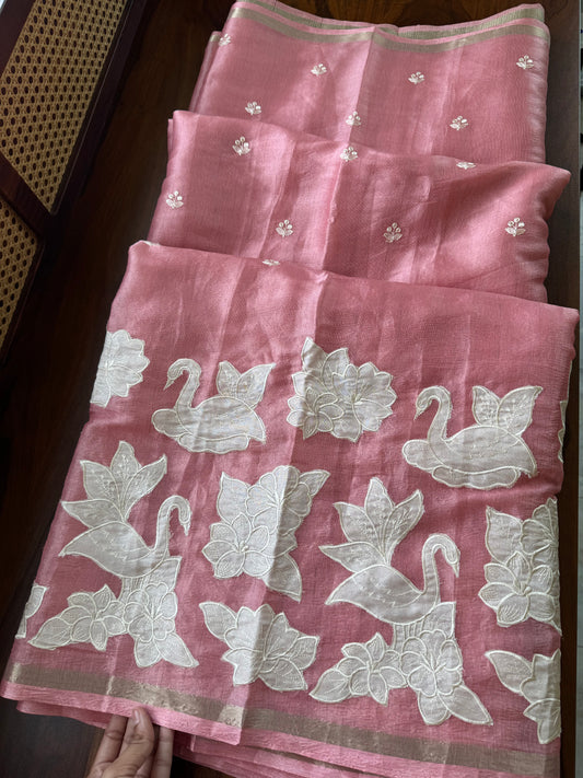 Mul Chanderi Tissue Saree with appliqué - Peach