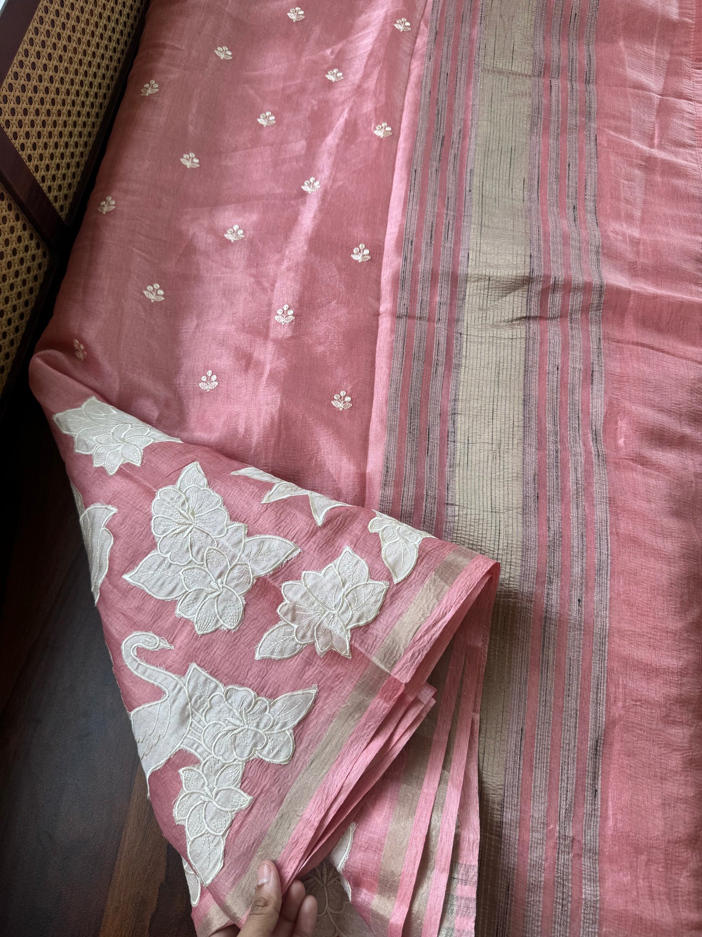 Mul Chanderi Tissue Saree with appliqué - Peach