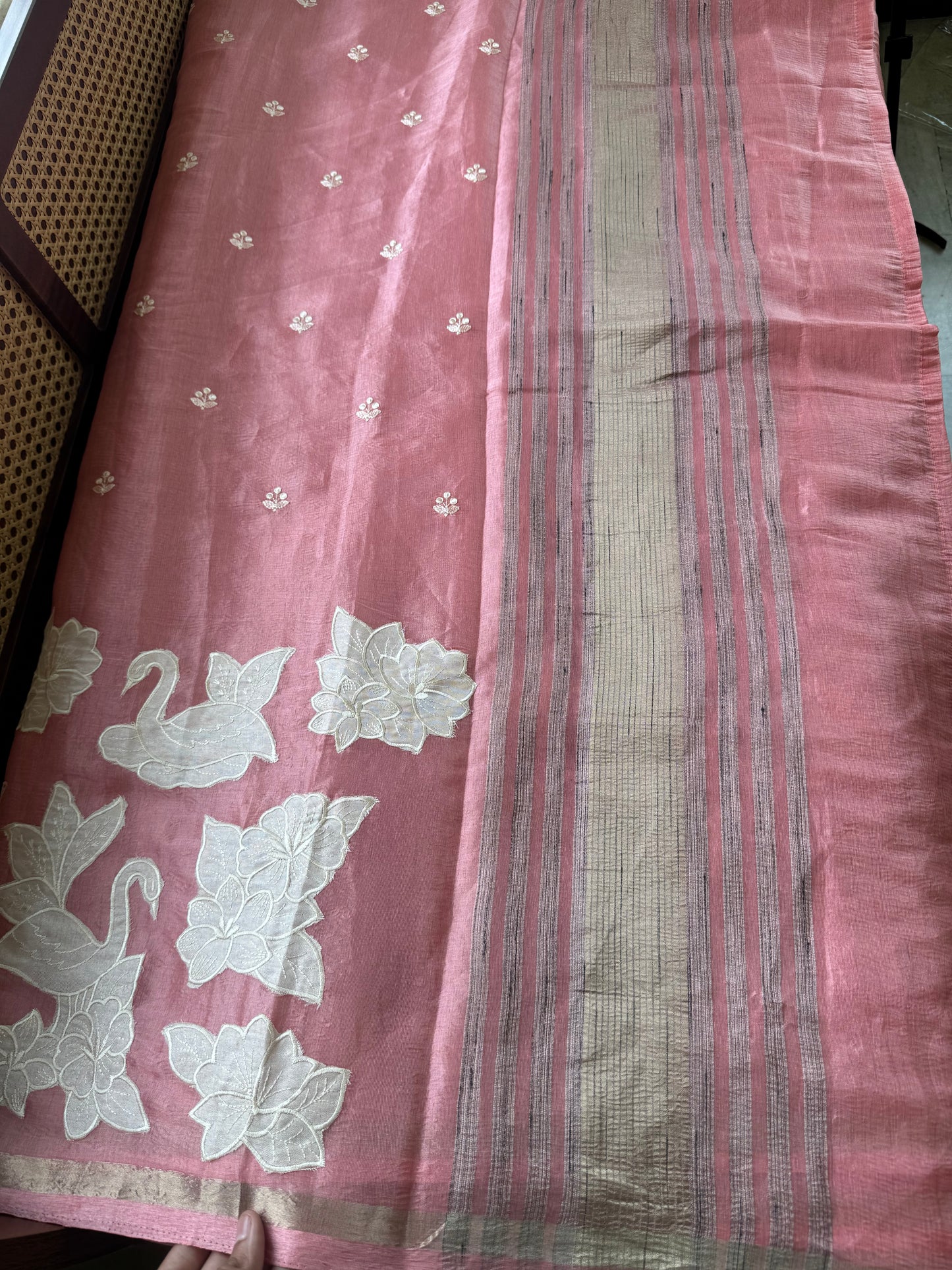 Mul Chanderi Tissue Saree with appliqué - Peach