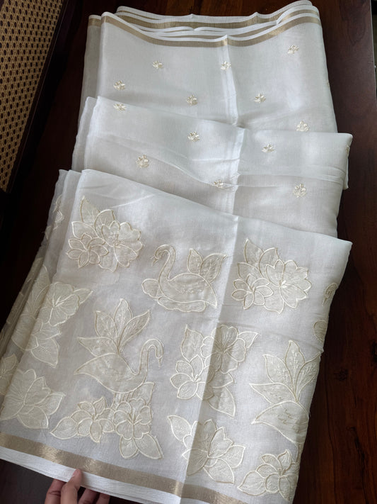 Mul Chanderi Tissue Saree with appliqué - Half White