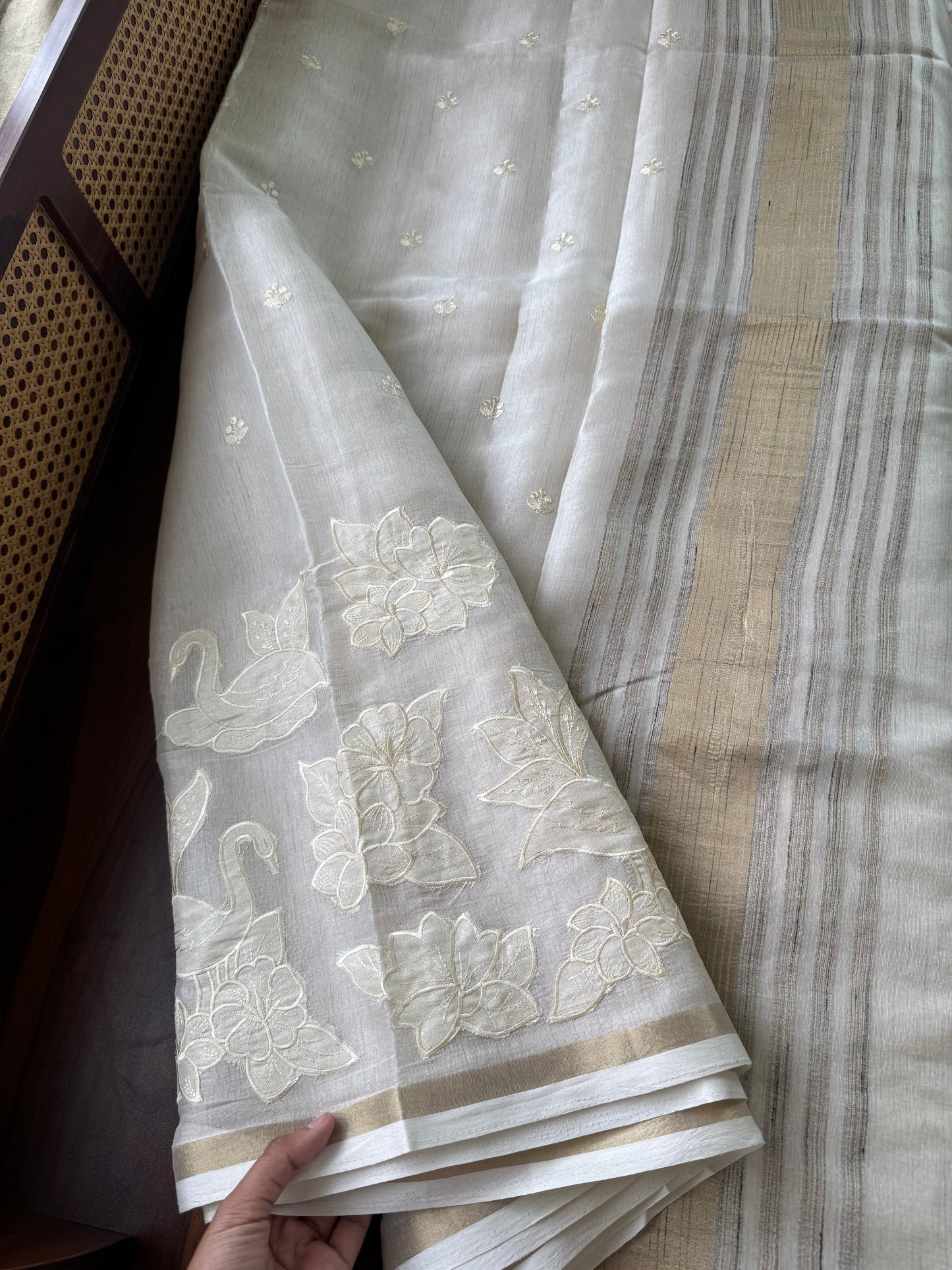 Mul Chanderi Tissue Saree with appliqué - Half White