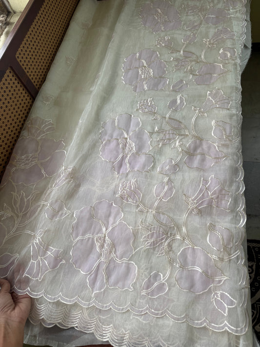 Tissue Organza Saree with appliqué work - Pearl White & Lilac