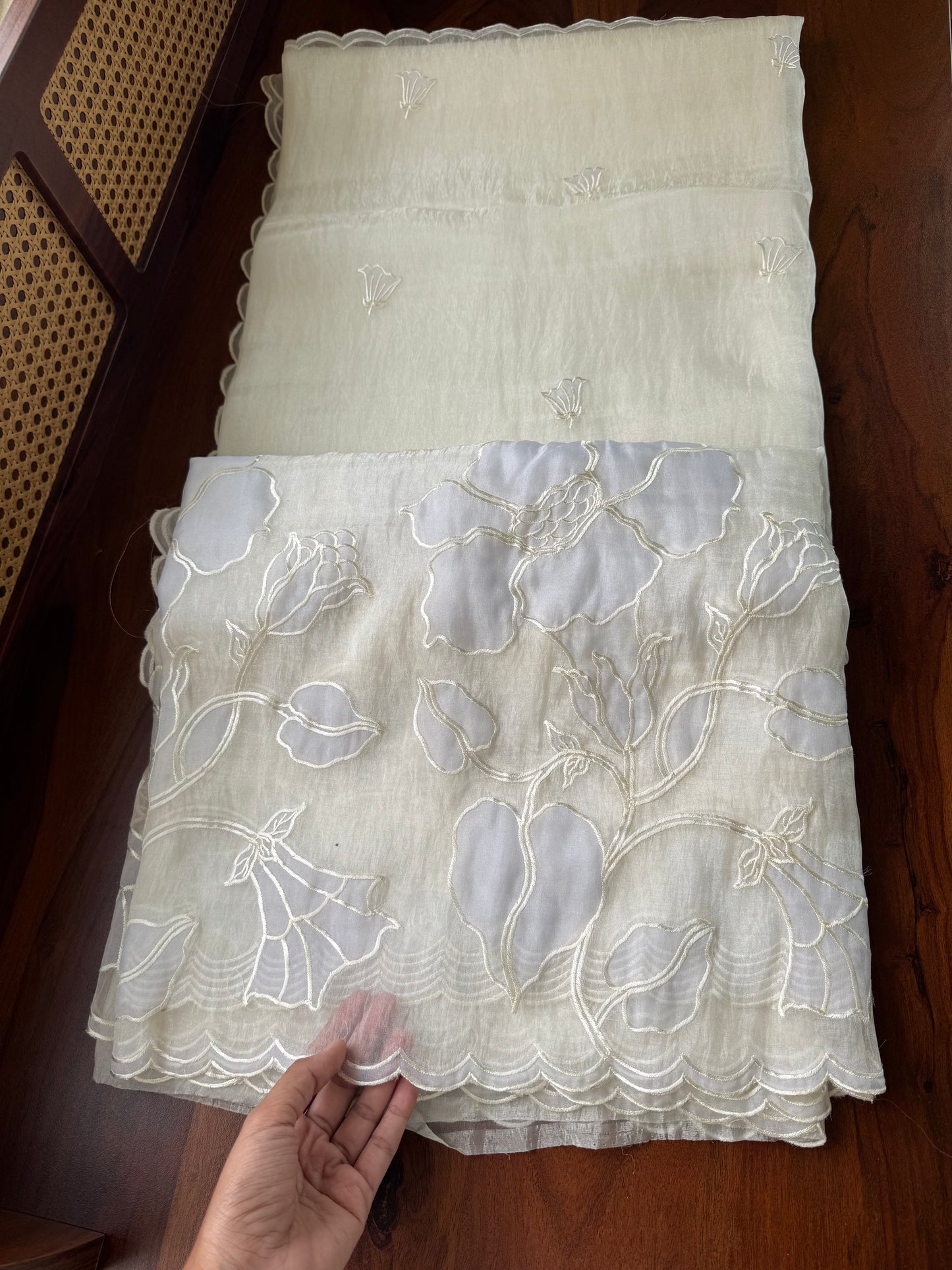 Tissue Organza Saree with appliqué work - Pearl White & Lavender