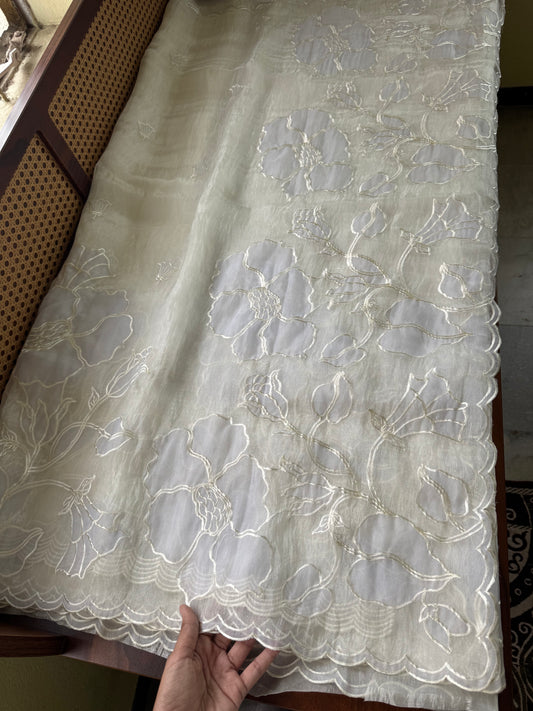 Tissue Organza Saree with appliqué work - Pearl White & Lavender