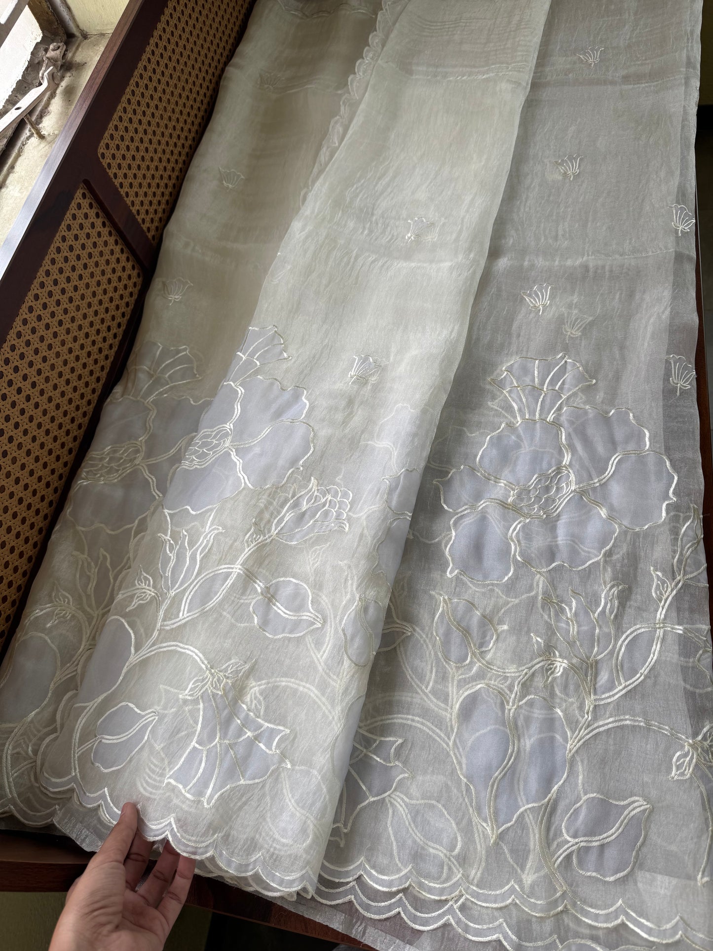 Tissue Organza Saree with appliqué work - Pearl White & Lavender
