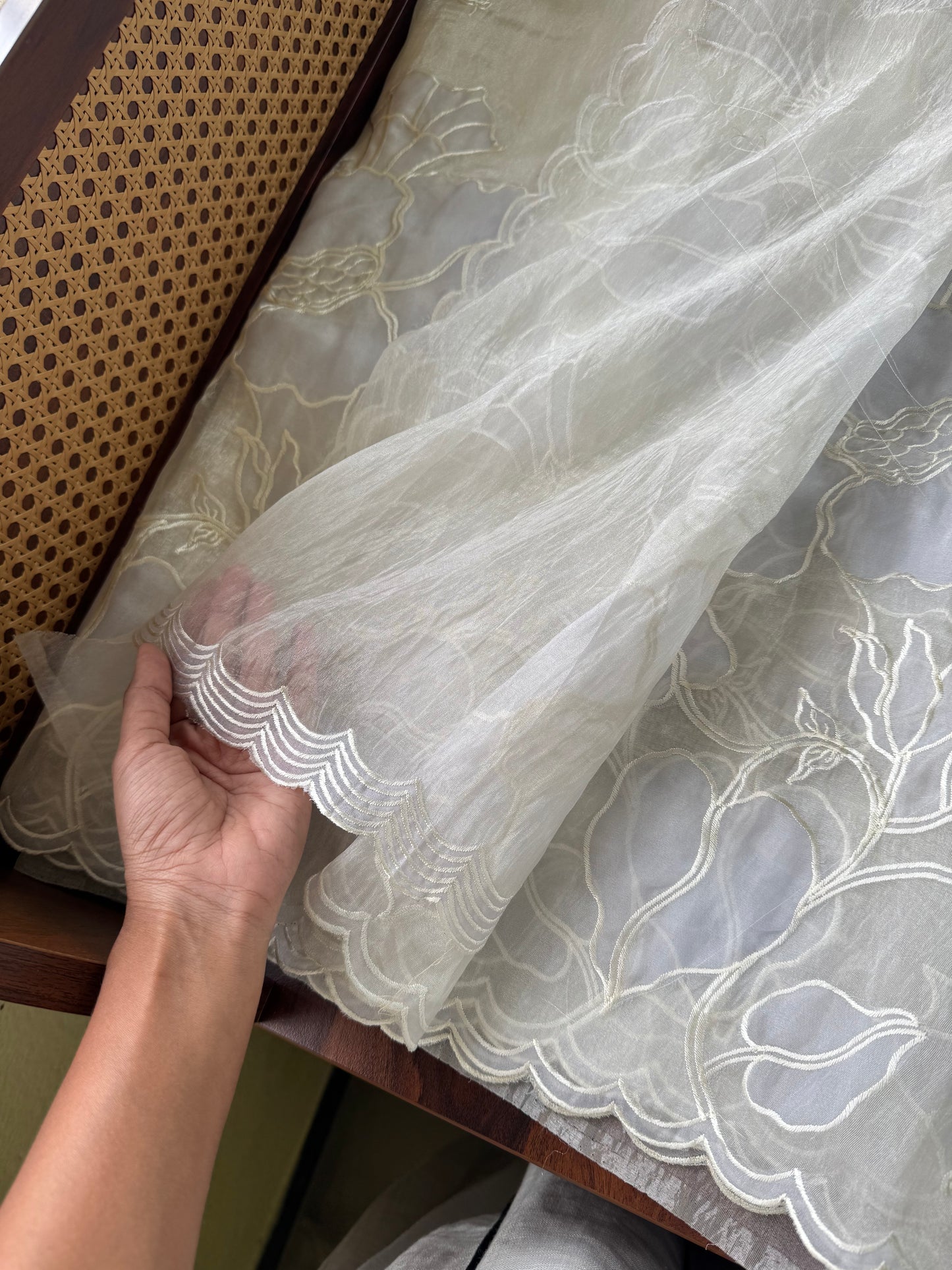 Tissue Organza Saree with appliqué work - Pearl White & Lavender