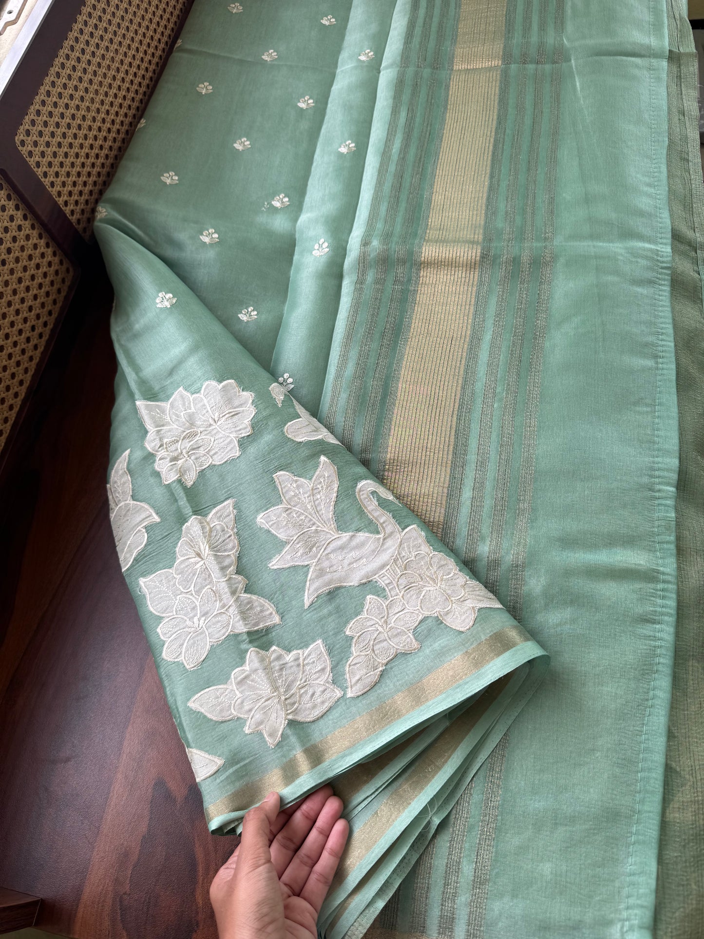 Mul Chanderi Tissue Saree with appliqué - Green