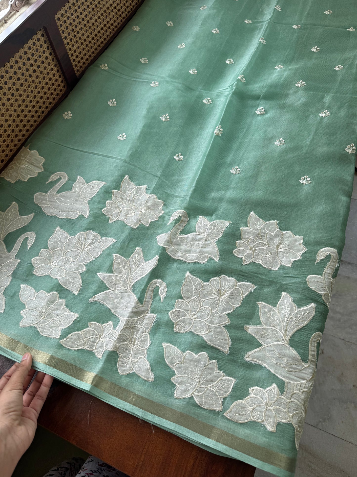 Mul Chanderi Tissue Saree with appliqué - Green
