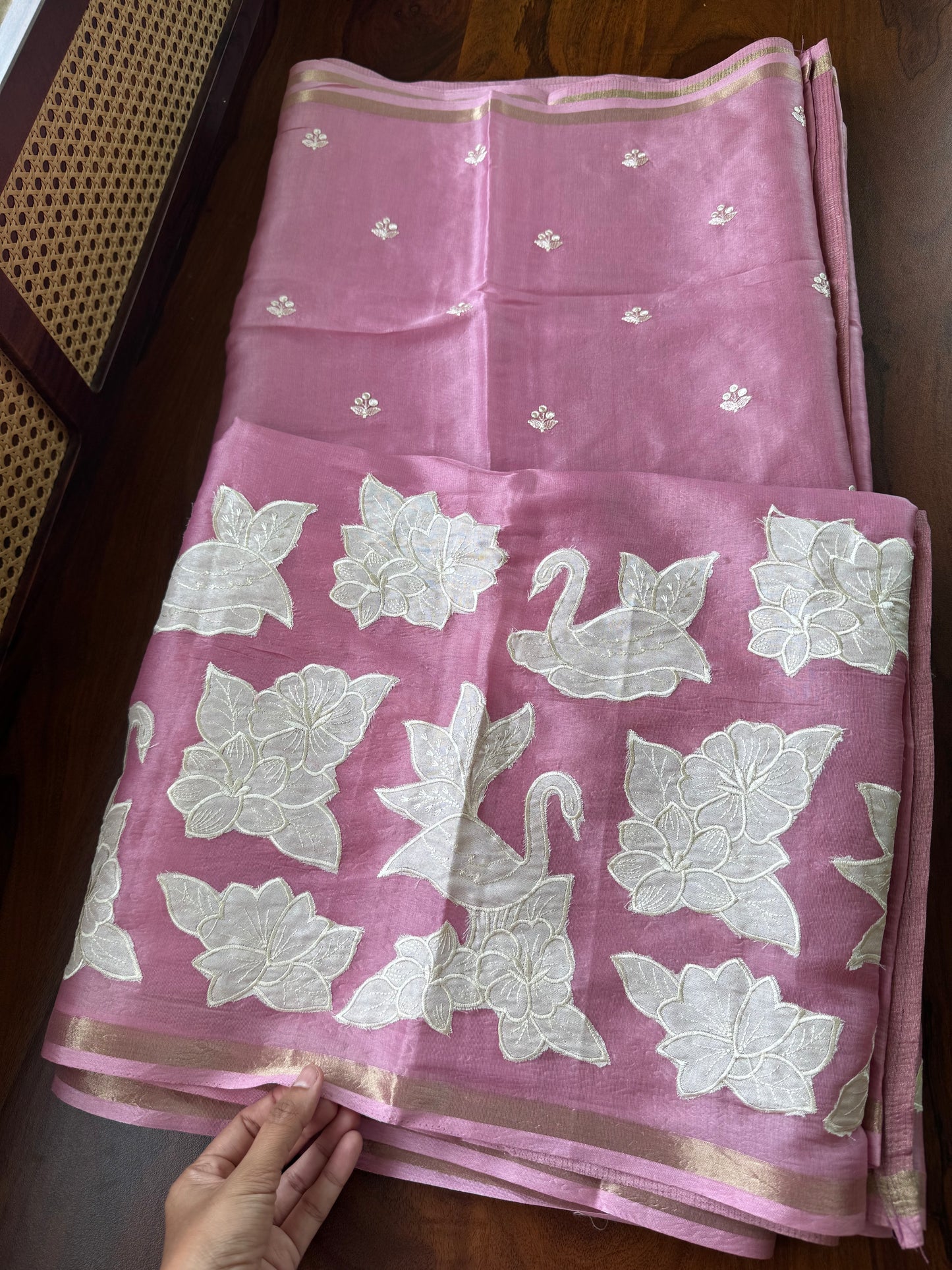 Mul Chanderi Tissue Saree with appliqué - Pink