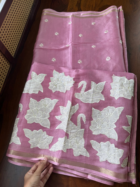Mul Chanderi Tissue Saree with appliqué - Pink