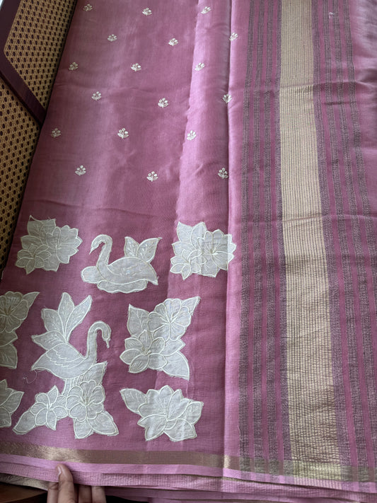 Mul Chanderi Tissue Saree with appliqué - Pink