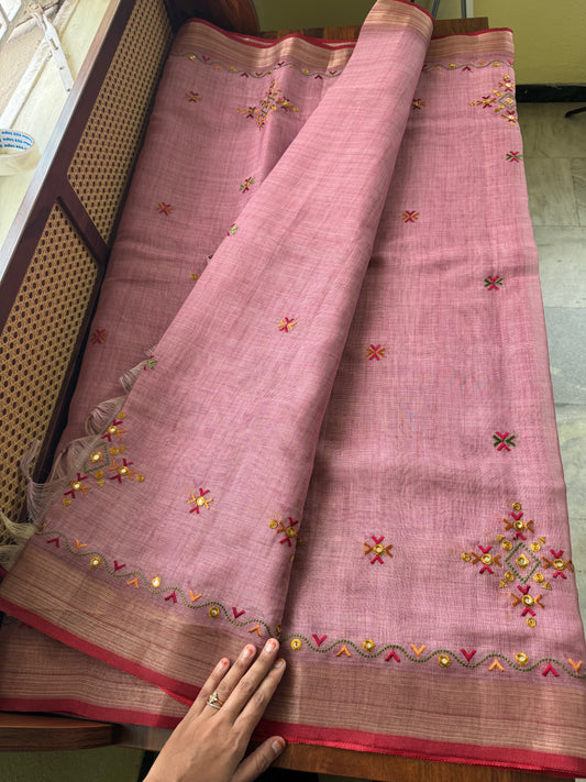 Premium Tissue Linen Sarees - Pink