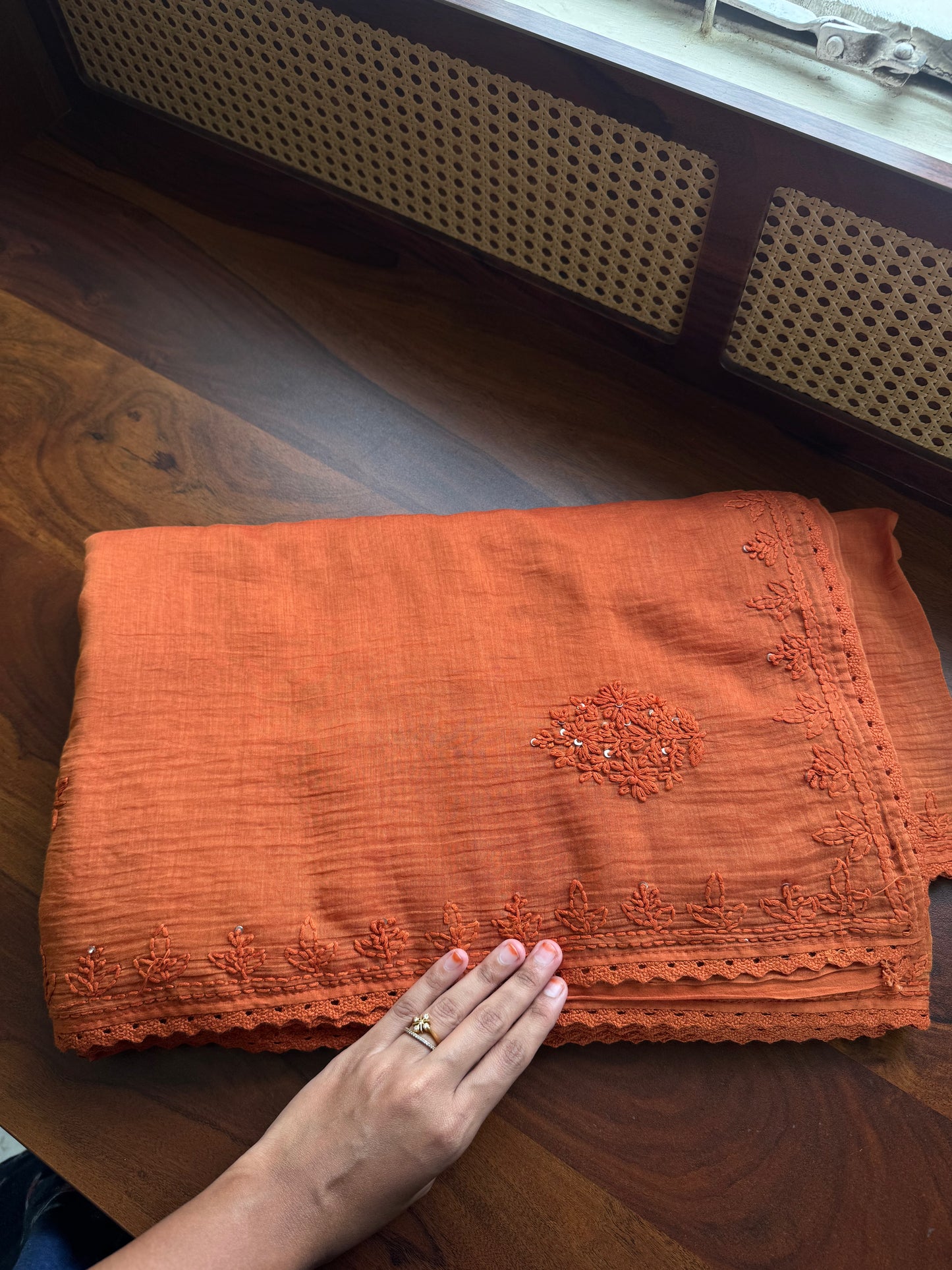 Pure Mul Chanderi Chikankari Saree - Rust Orange