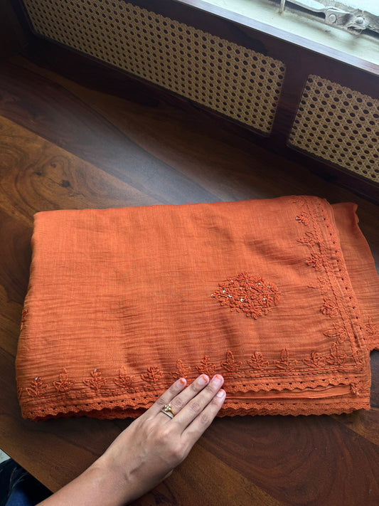 Pure Mul Chanderi Chikankari Saree - Rust Orange