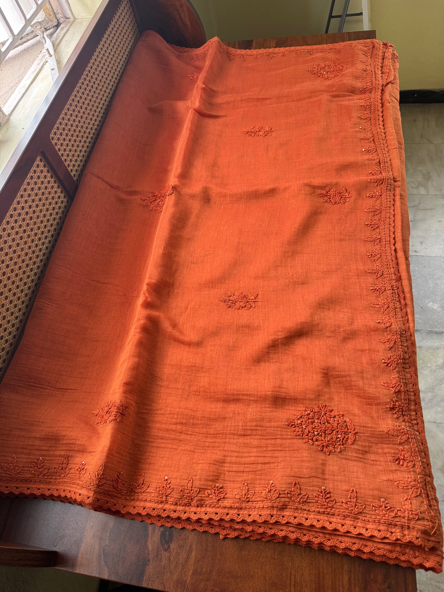 Pure Mul Chanderi Chikankari Saree - Rust Orange