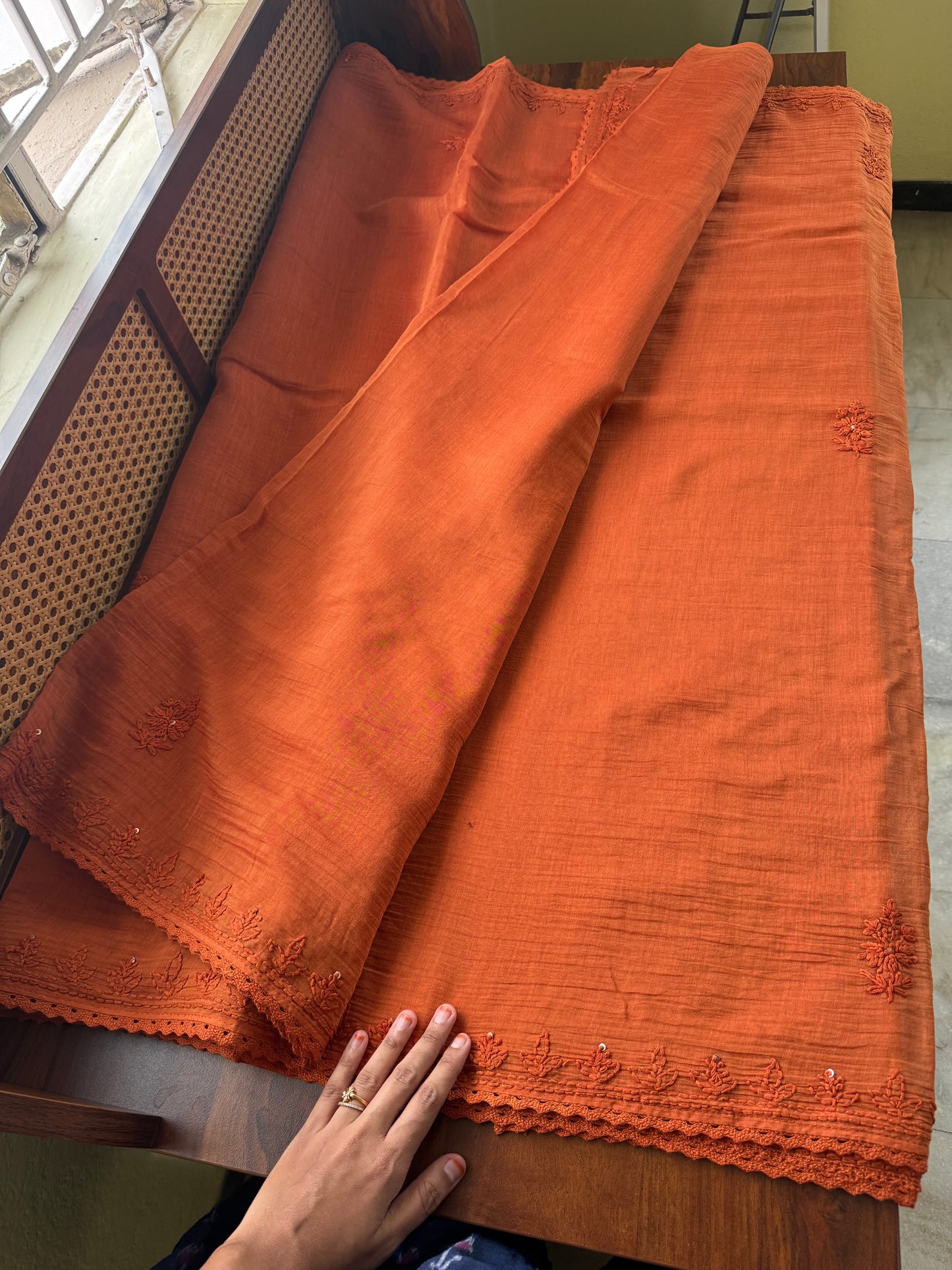 Pure Mul Chanderi Chikankari Saree - Rust Orange
