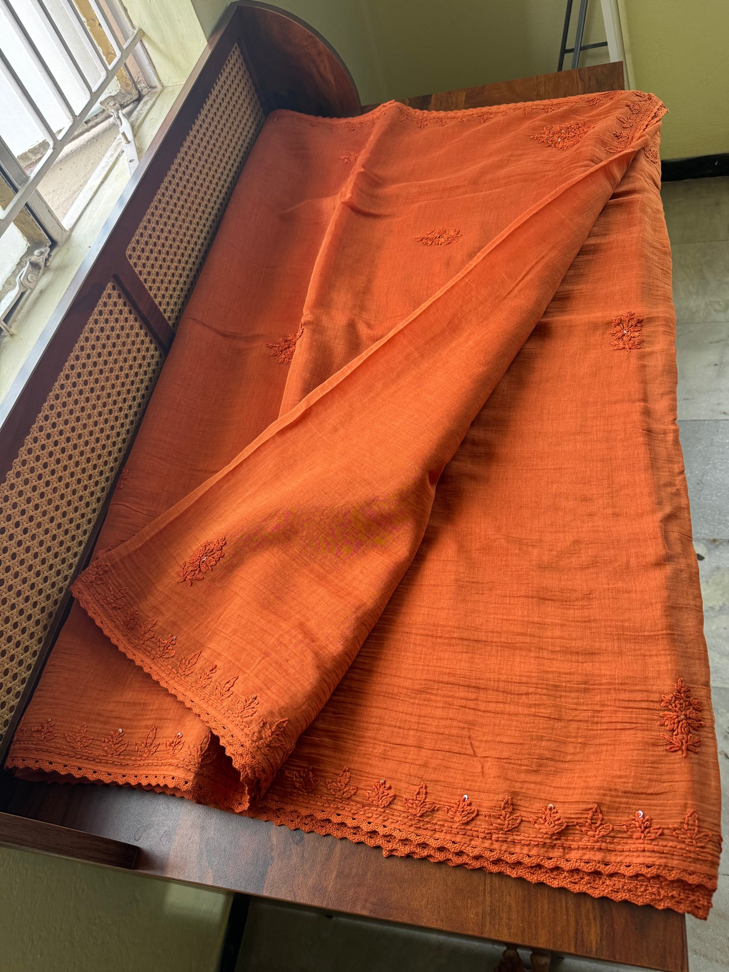 Pure Mul Chanderi Chikankari Saree - Rust Orange