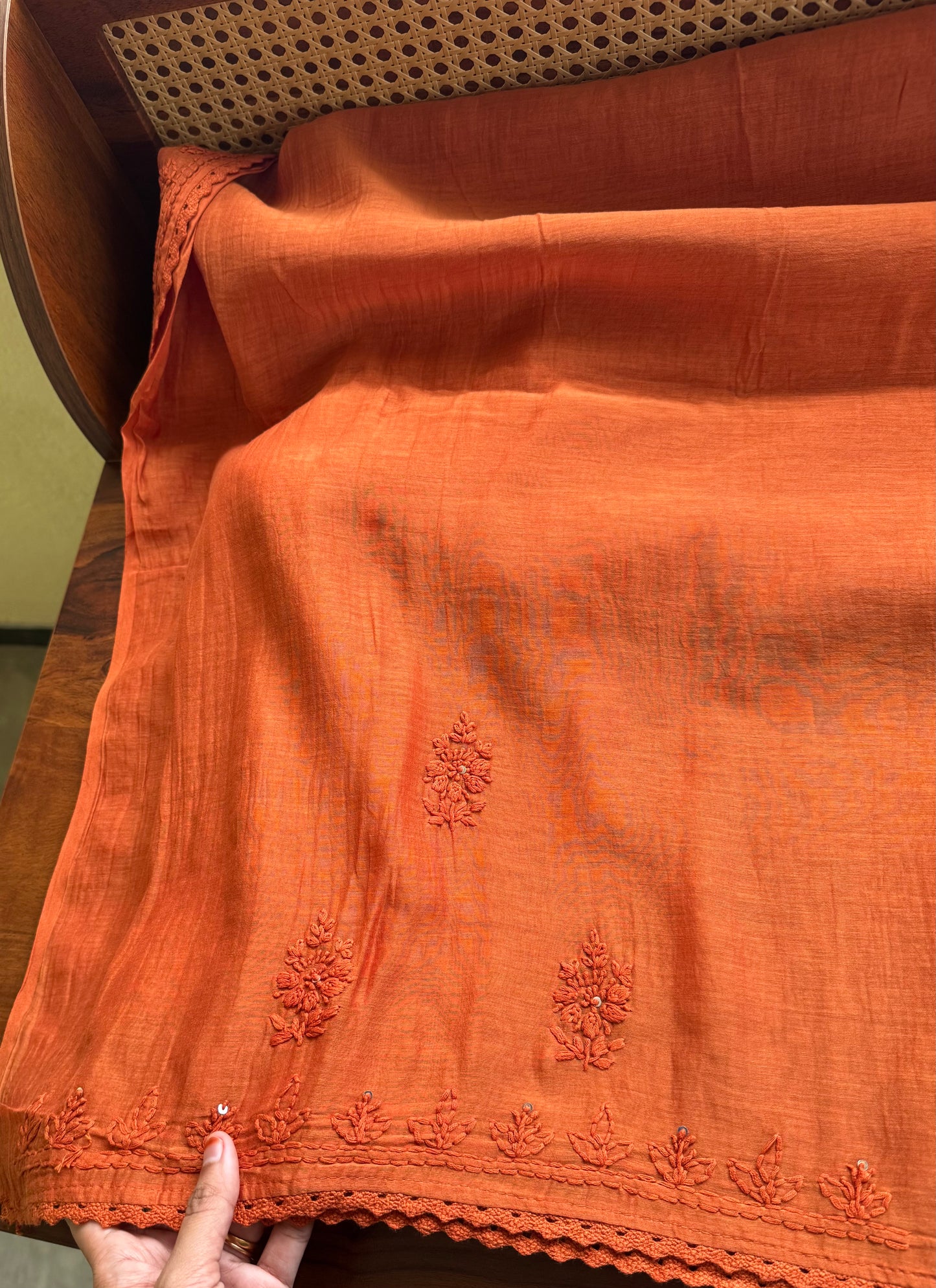 Pure Mul Chanderi Chikankari Saree - Rust Orange