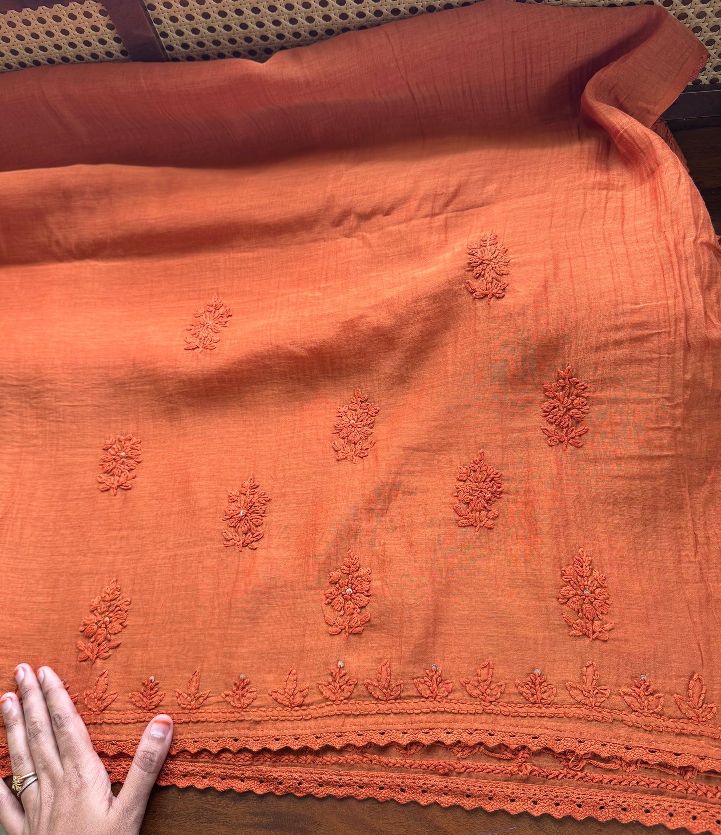 Pure Mul Chanderi Chikankari Saree - Rust Orange