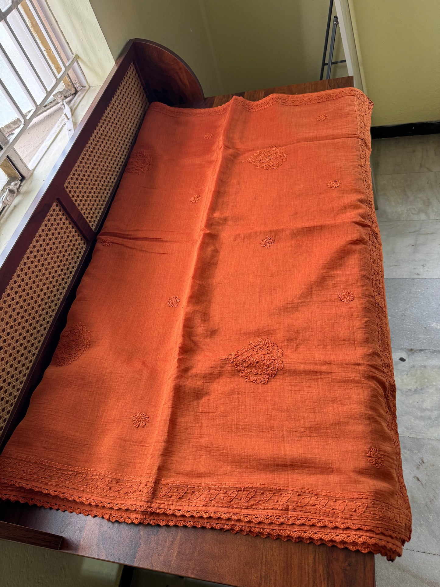 Pure Mul Chanderi Chikankari Saree - Rust Orange