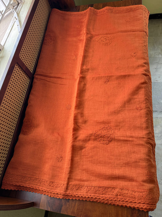 Pure Mul Chanderi Chikankari Saree - Rust Orange