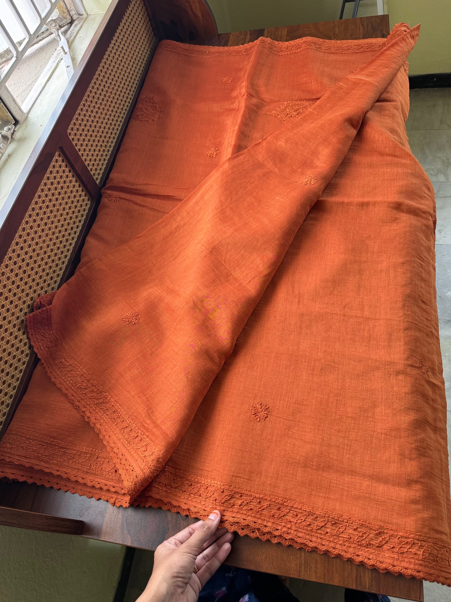 Pure Mul Chanderi Chikankari Saree - Rust Orange