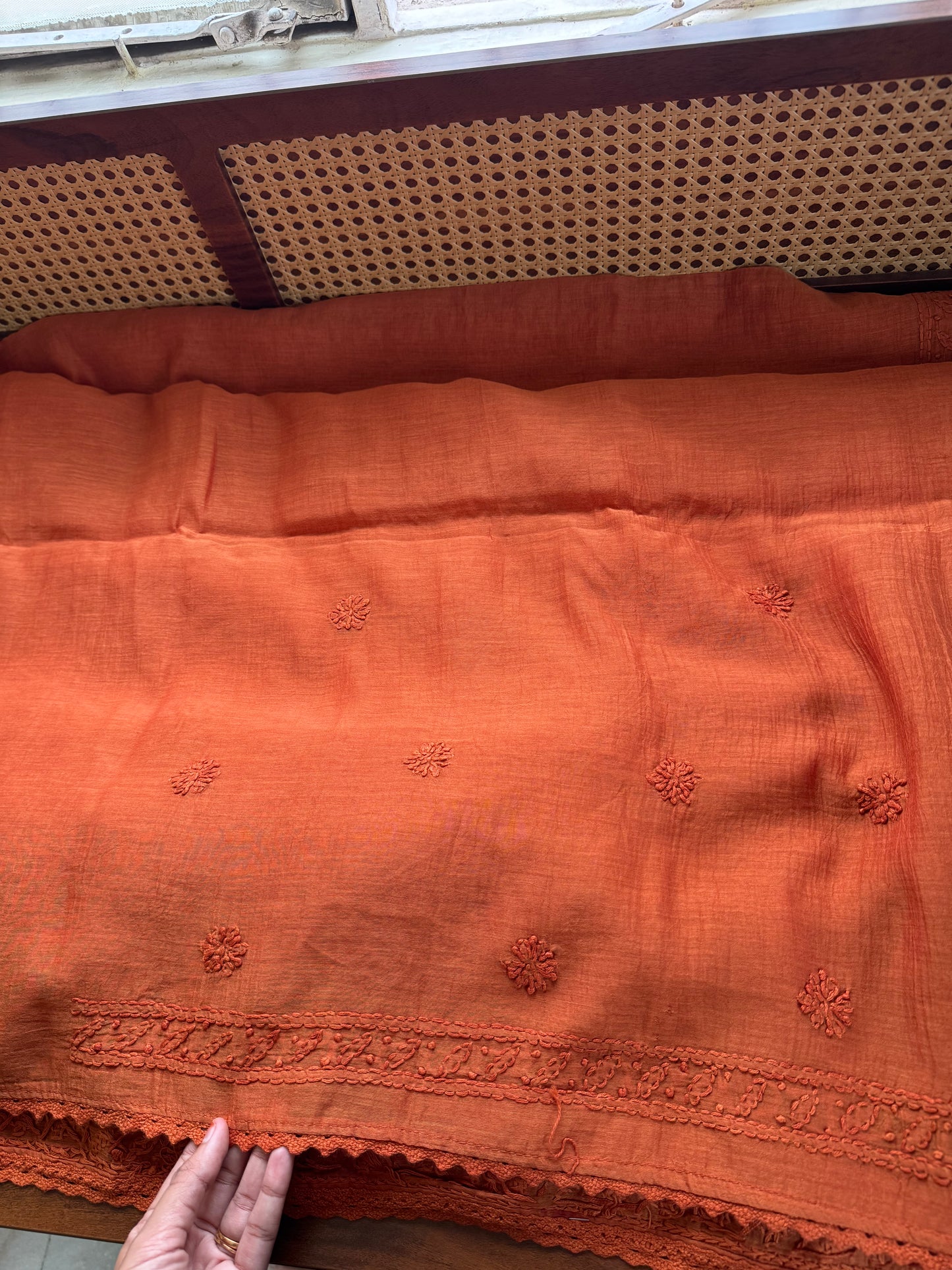 Pure Mul Chanderi Chikankari Saree - Rust Orange