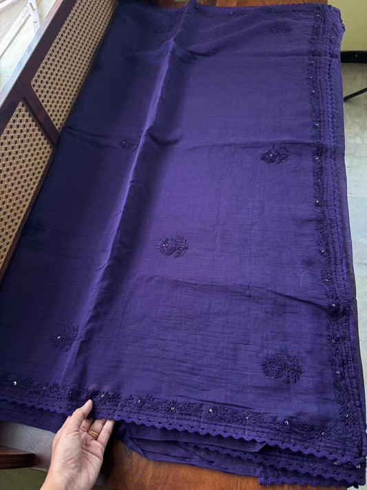 Pure Mul Chanderi Chikankari Saree with Jaal Heavy Blouse - Violet
