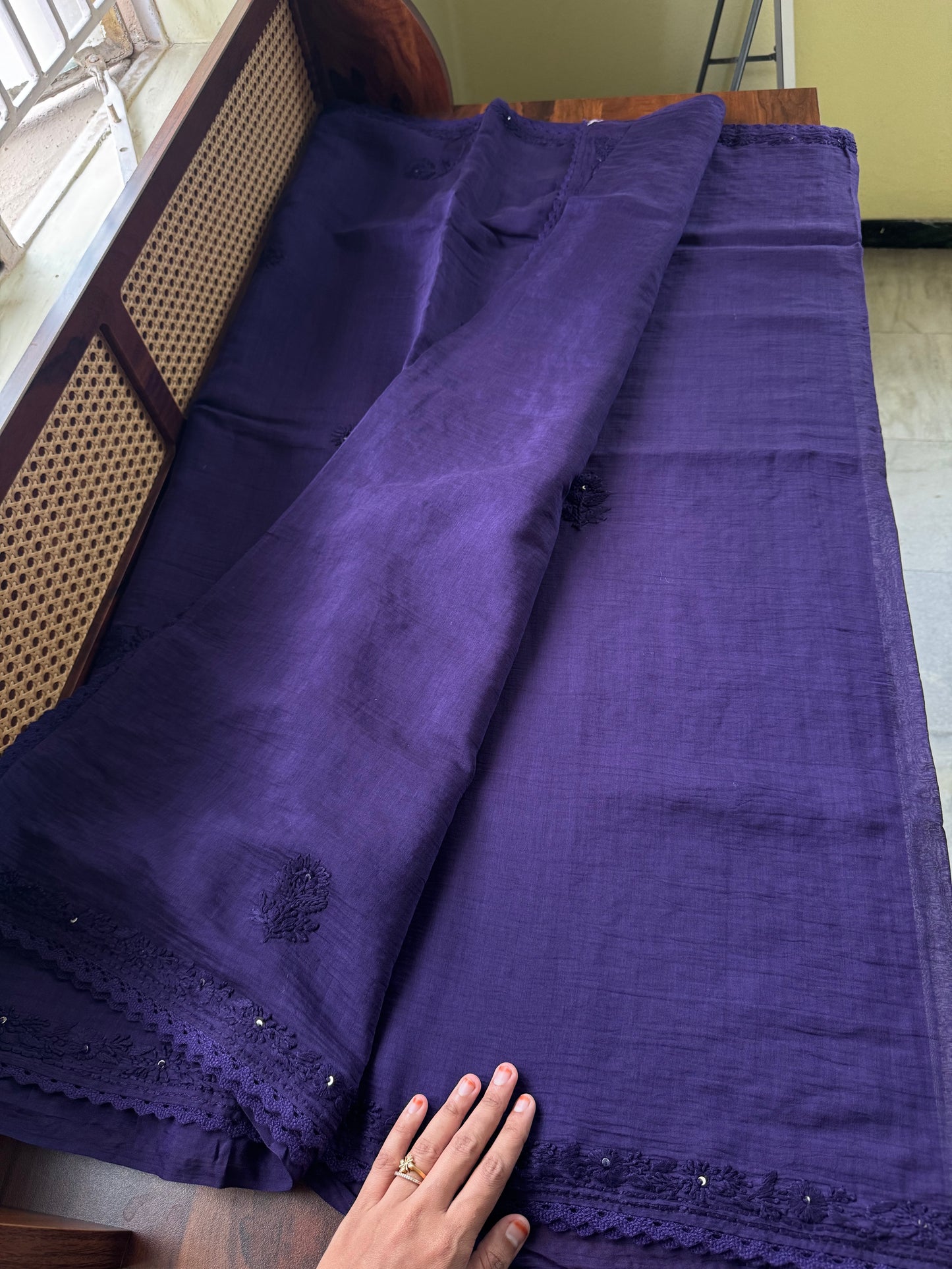 Pure Mul Chanderi Chikankari Saree with Jaal Heavy Blouse - Violet