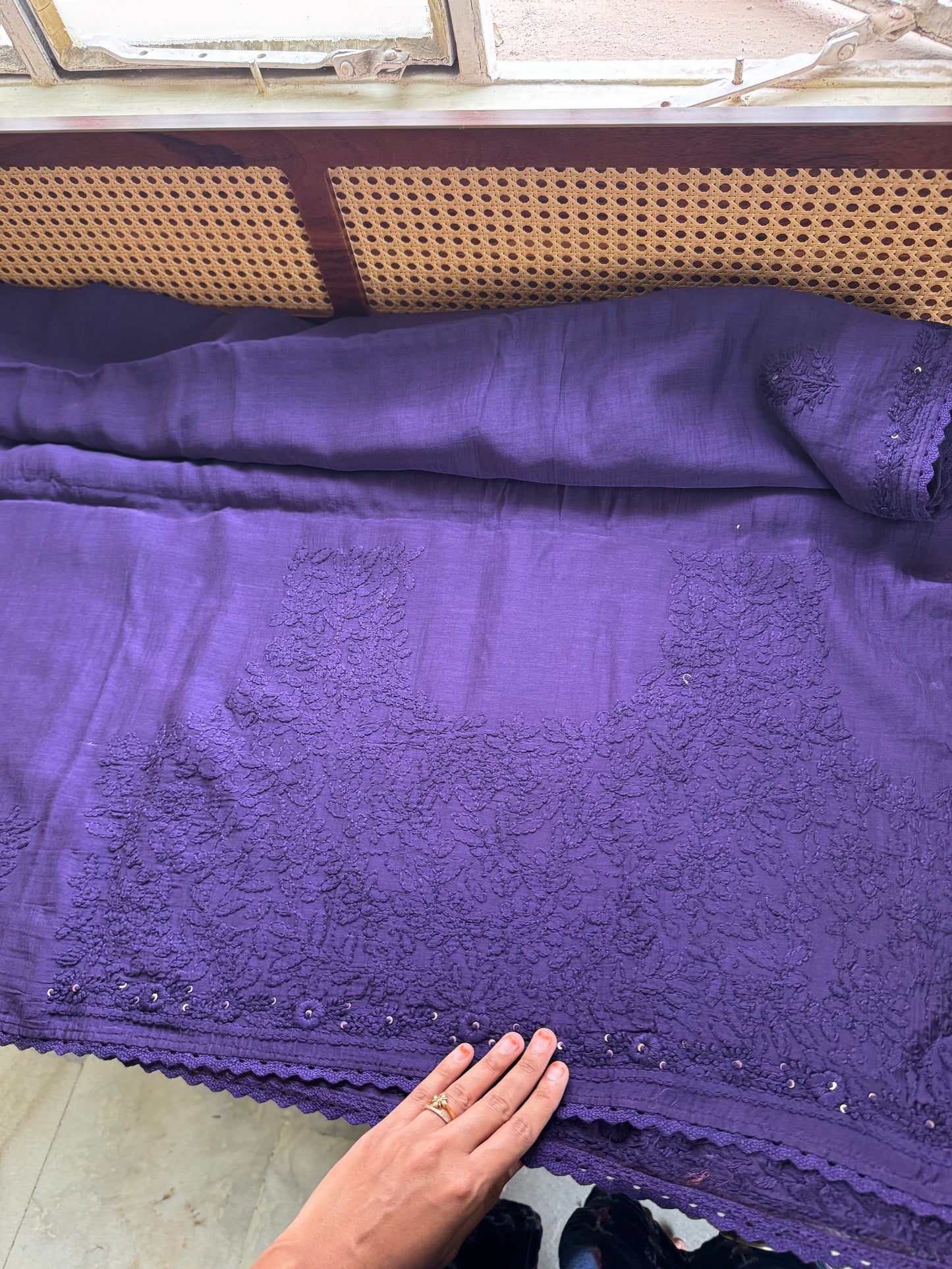 Pure Mul Chanderi Chikankari Saree with Jaal Heavy Blouse - Violet
